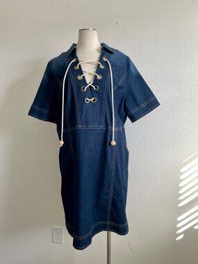 Eloquii Dark Wash Denim Jean Lace-Front Mini Dress Size 20